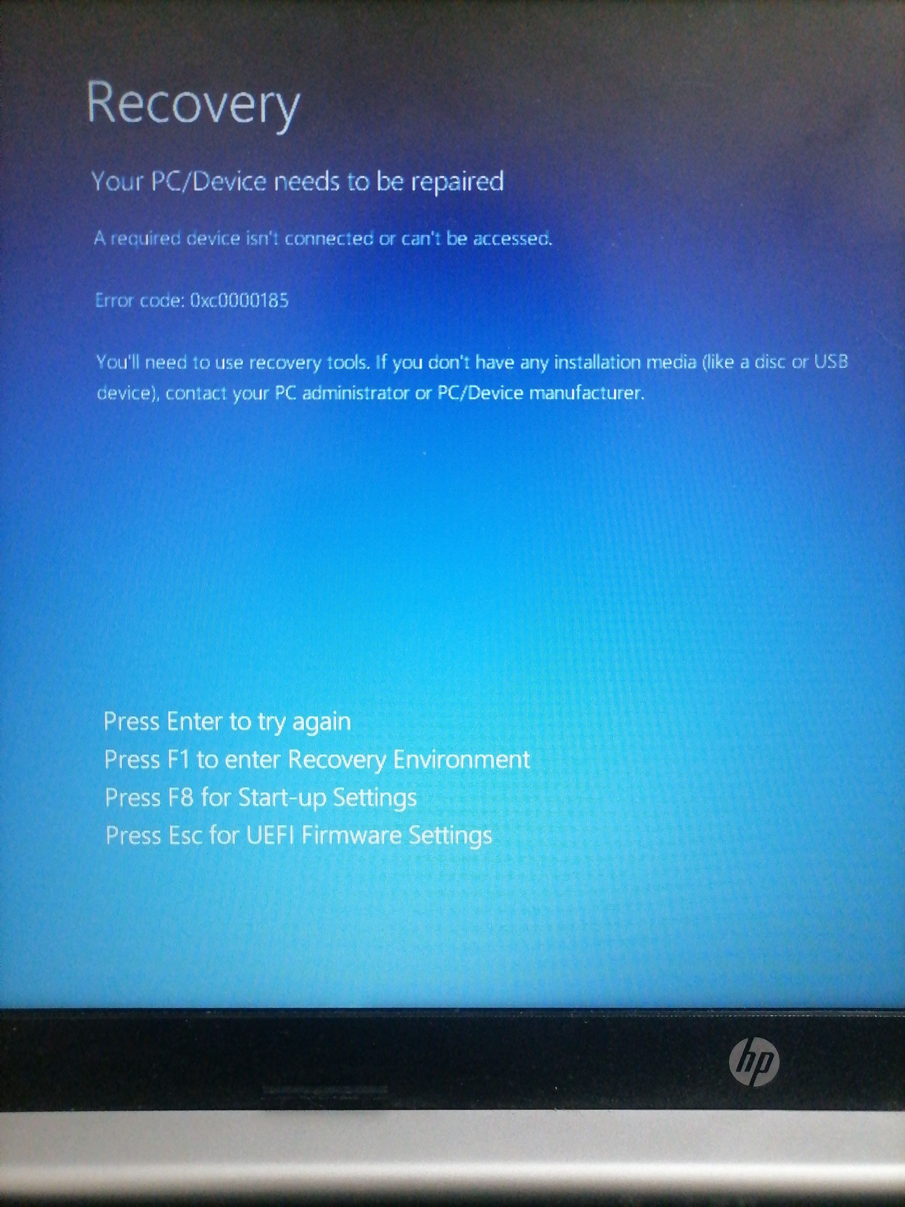I keep getting error code 0xc0000185 - HP Support Community - 9126652
