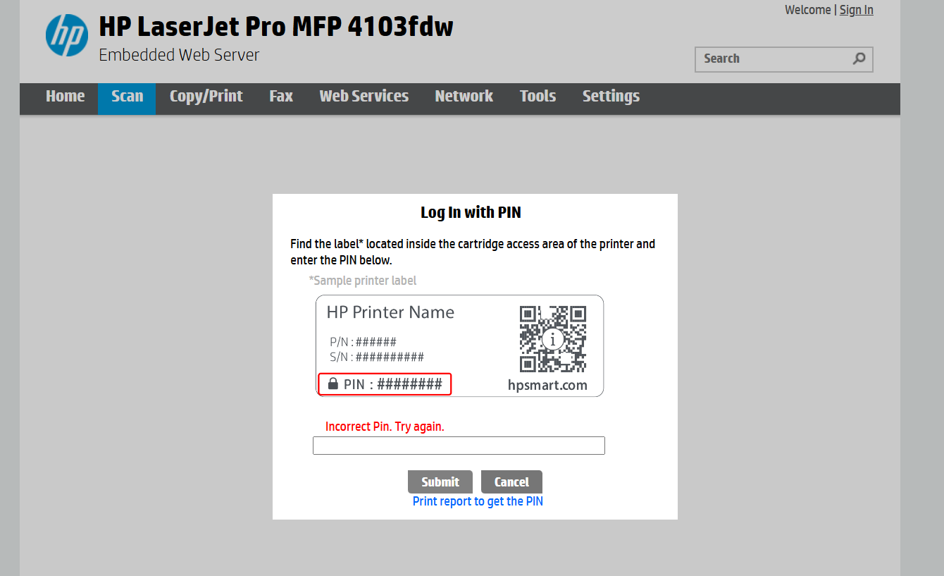 ho4103 login issue, printer is not accepting default passwor... HP
