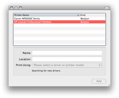 apotek ugunstige åndelig Solved: Mac OS 10.5 Bonjour Unable to find printer driver for P1606d... -  HP Support Community - 2174145