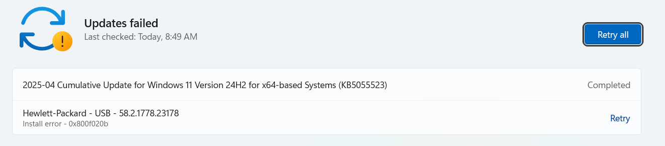 HP update failed - HP Support Community - 9365659