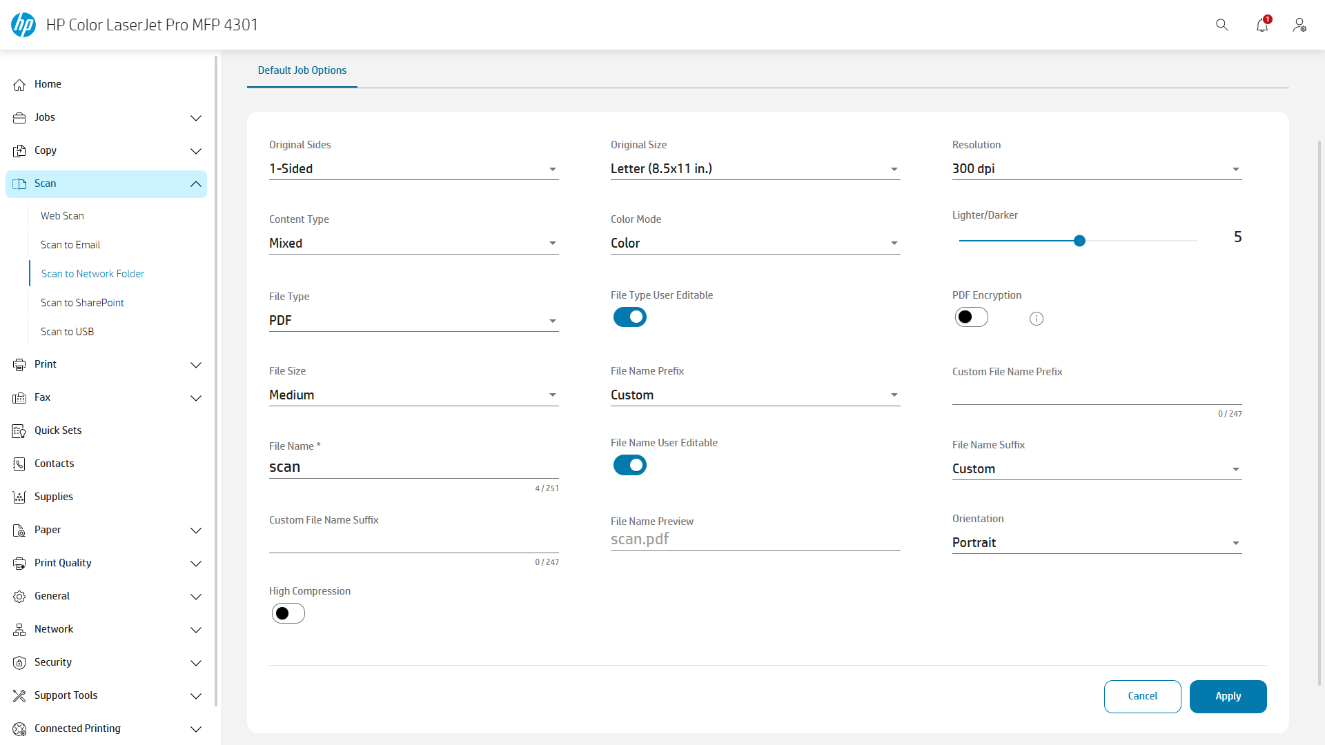 Solved: Scan to Network Folder - Can't save 'Default' destination - HP ...