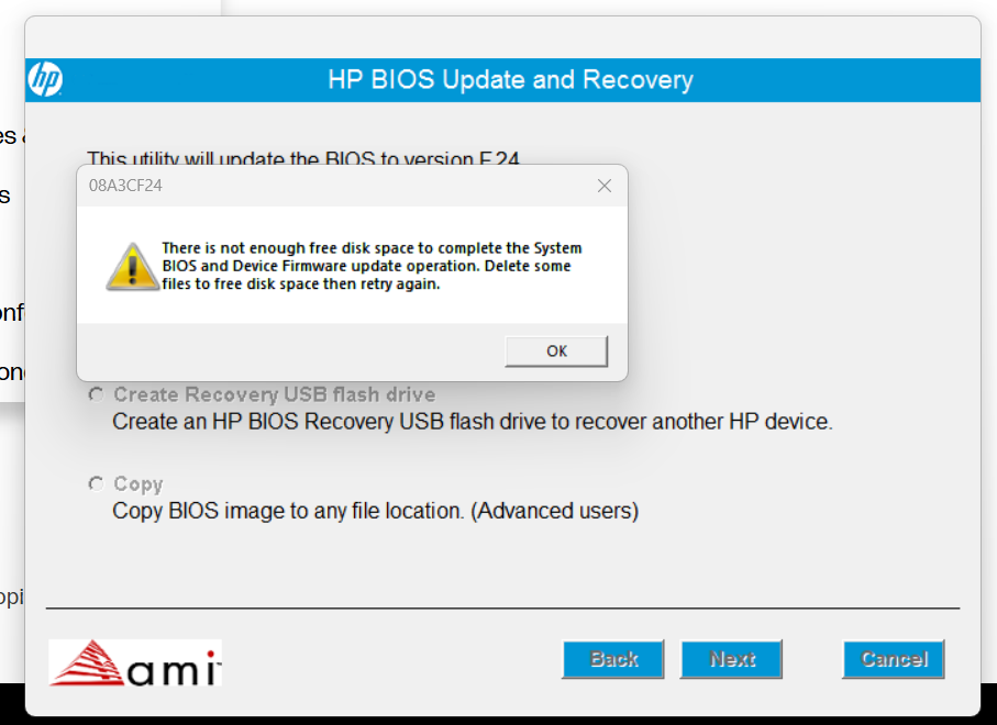 how to fix HP update Bios F.24 there is not enough free disk... - HP ...