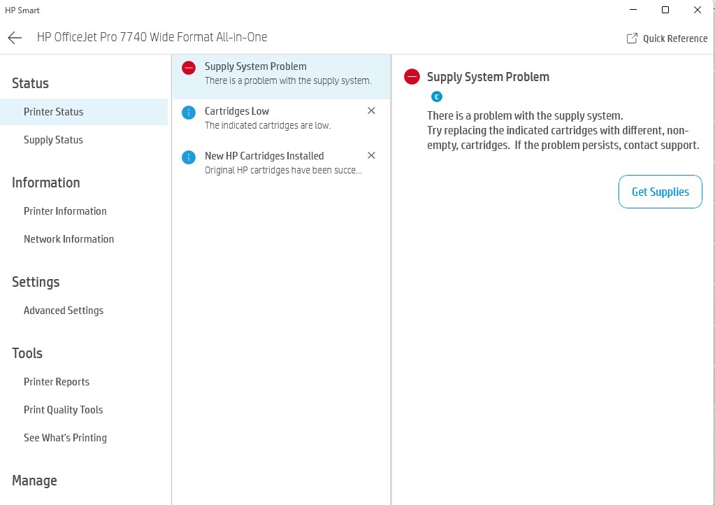 Supply System problem erroe when replacing ink cartridges - HP Support ...
