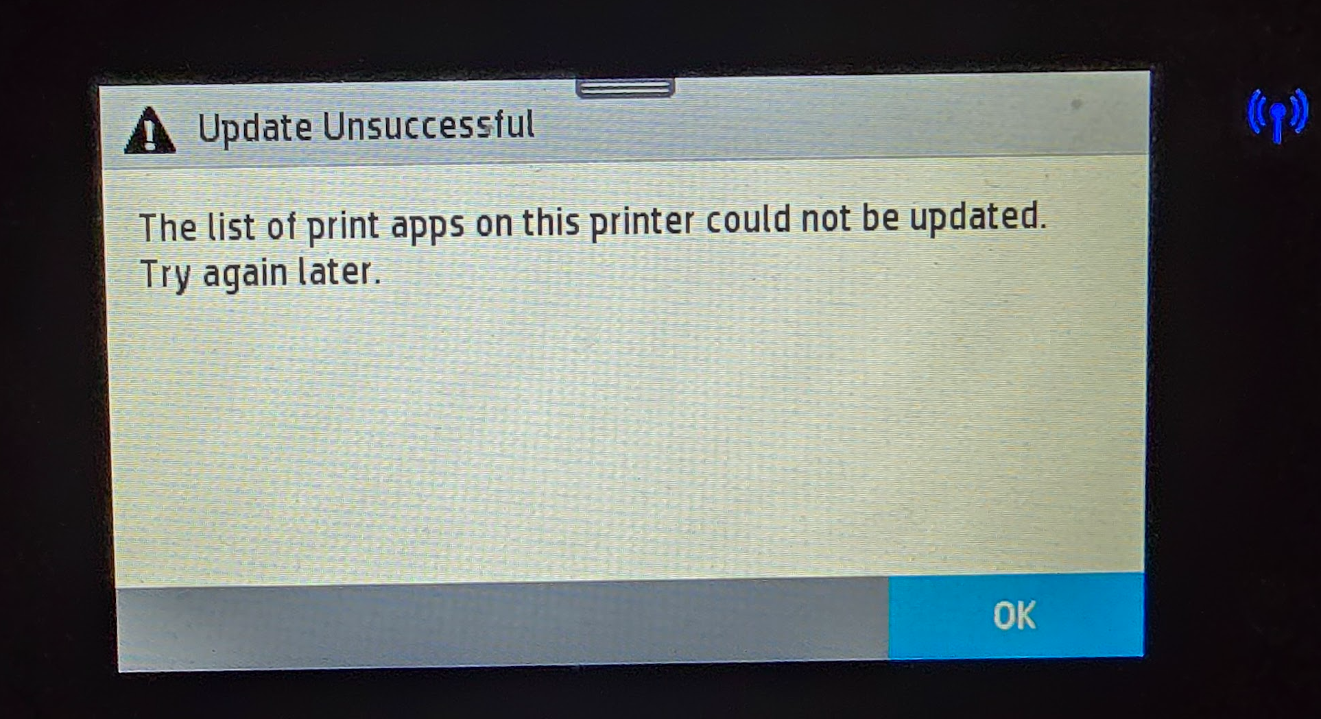 The list of print apps on this printer could not be updated - HP