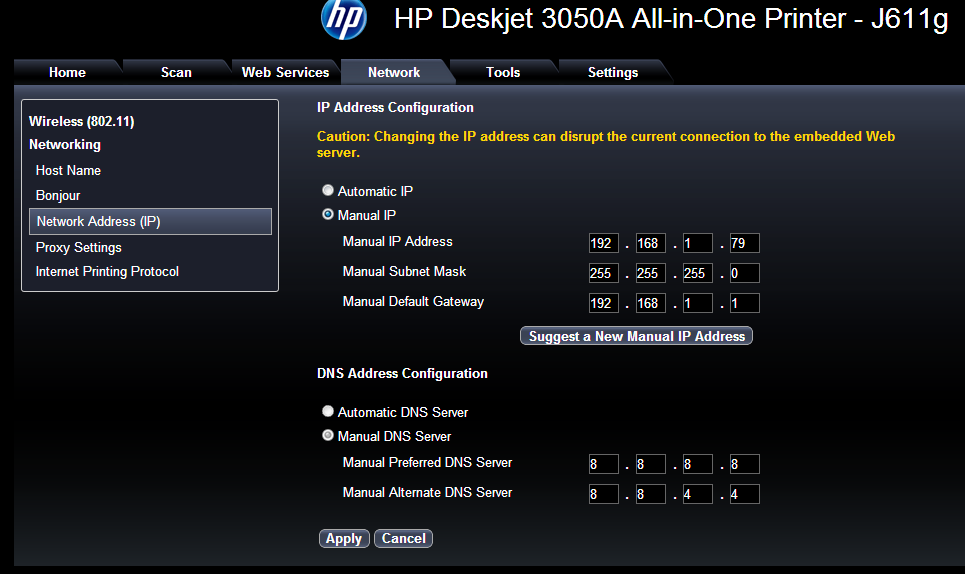 Deskjet 3052A won't print on network (offline message), have... HP