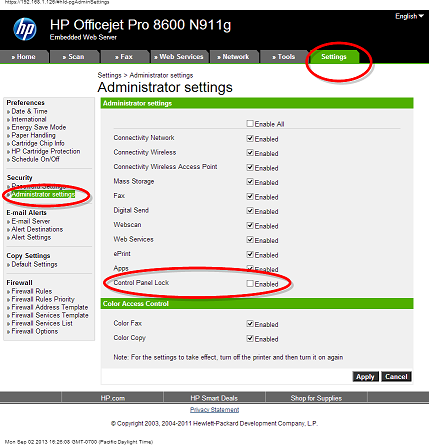 HP Officejet Pro 8600 N911g Settings-Administrator Settings-Control Panel Lock