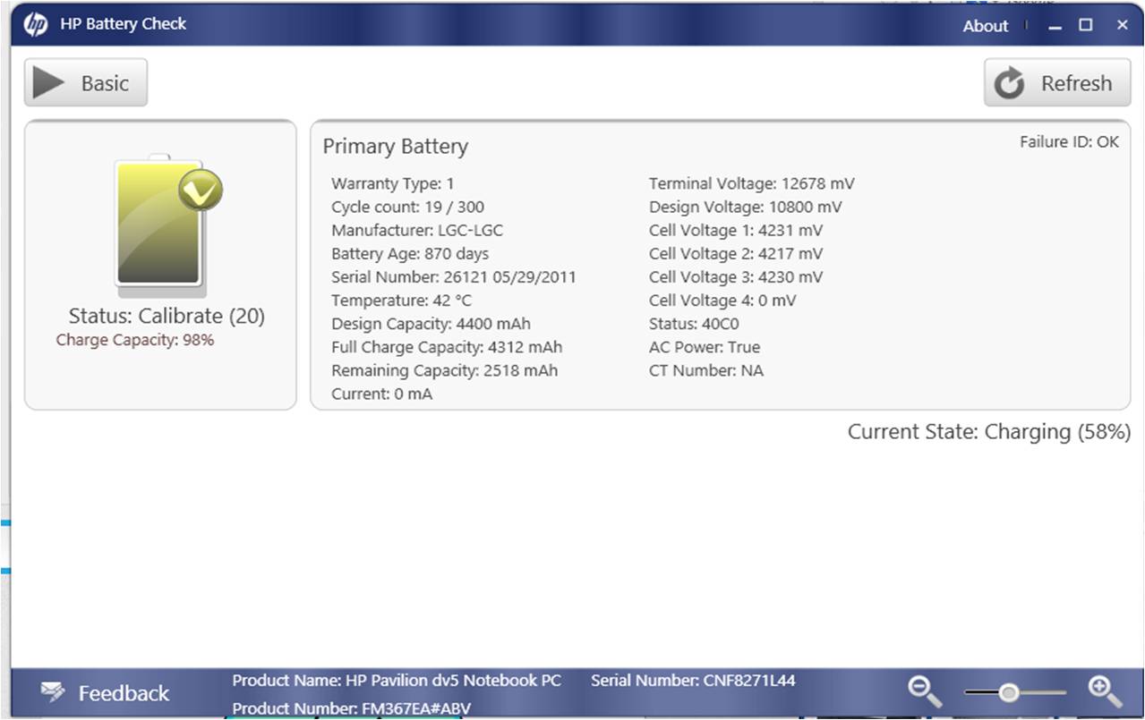 Laptop battery stops charging at 58 (plugged in , charging HP
