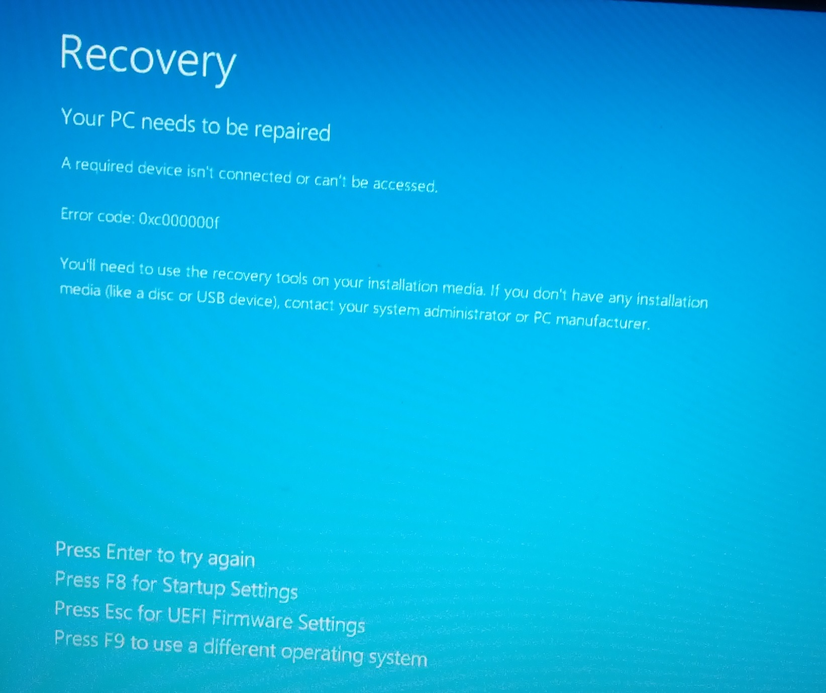 Windows 8 Recovery failed; Error code: 0xc000000f - HP Support ...