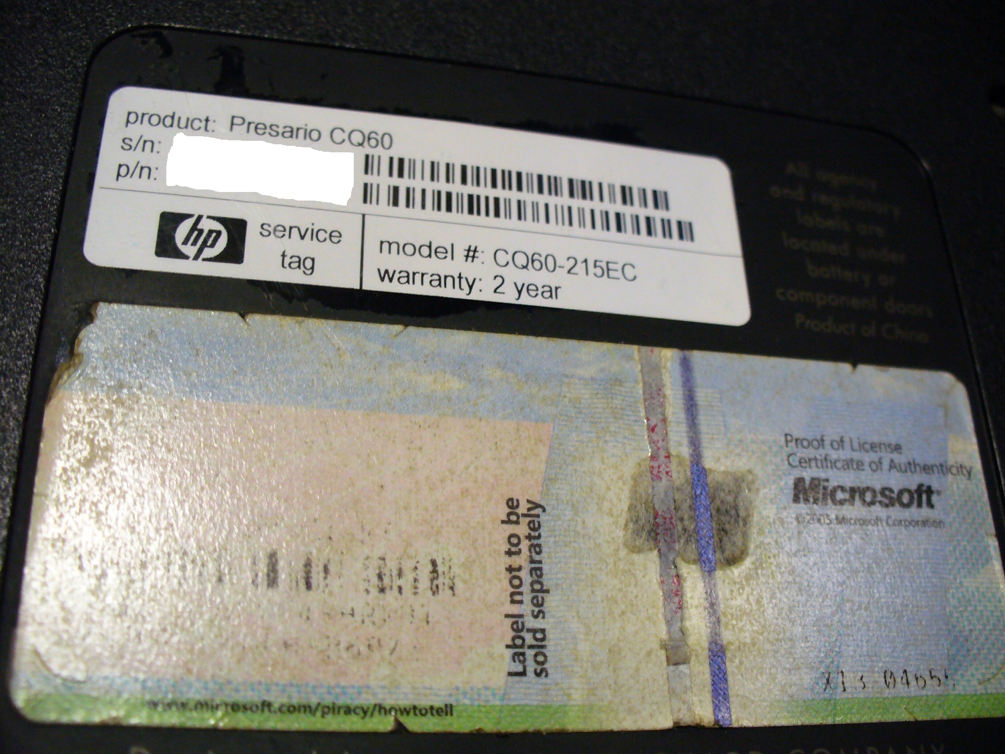 Compaq Cq60 215ec Recovery And Oem Vista License Hp Support