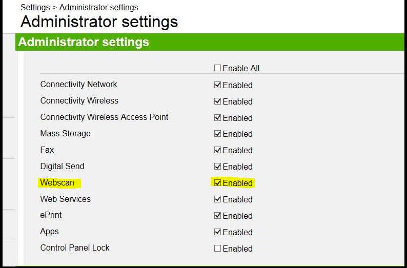 How do I enable web scan? HP Support Community 1109565